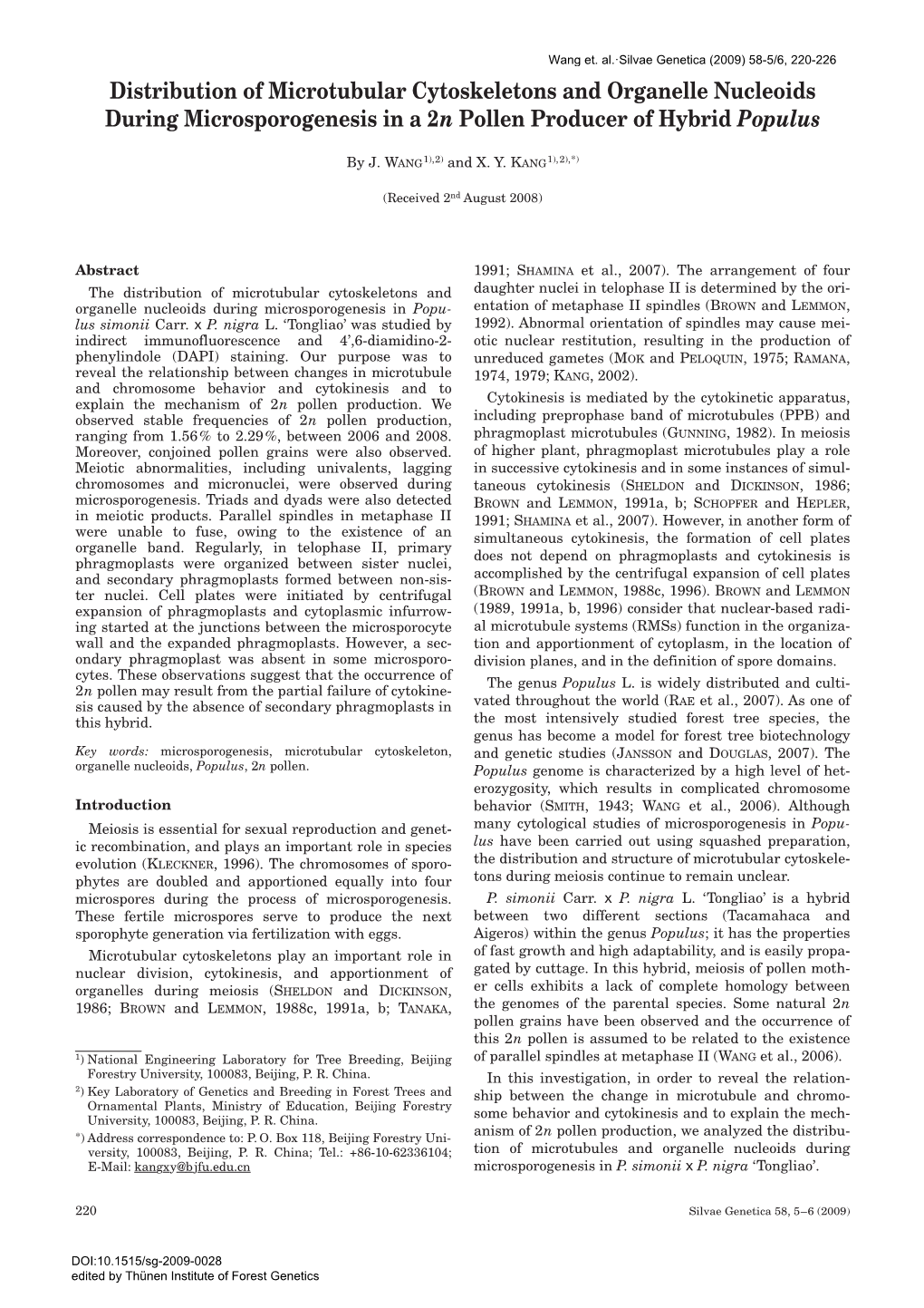 Distribution of Microtubular Cytoskeletons and Organelle Nucleoids During Microsporogenesis in a 2N Pollen Producer of Hybrid Populus