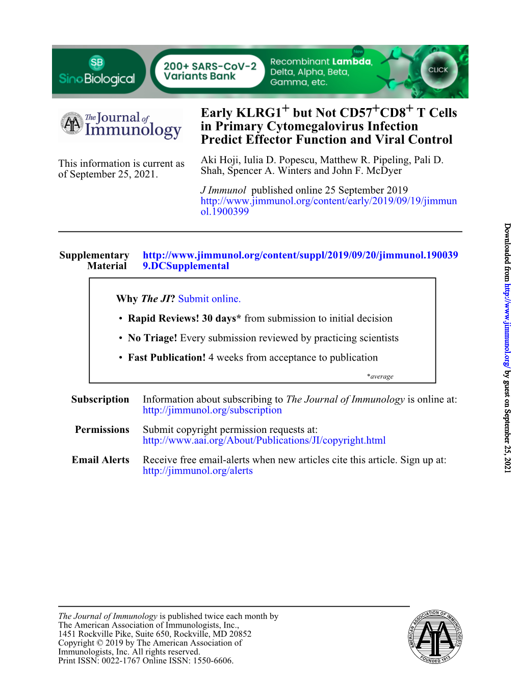 Early KLRG1+ but Not CD57+CD8+ T Cells in Primary Cytomegalovirus Infection Predict Effector Function and Viral Control