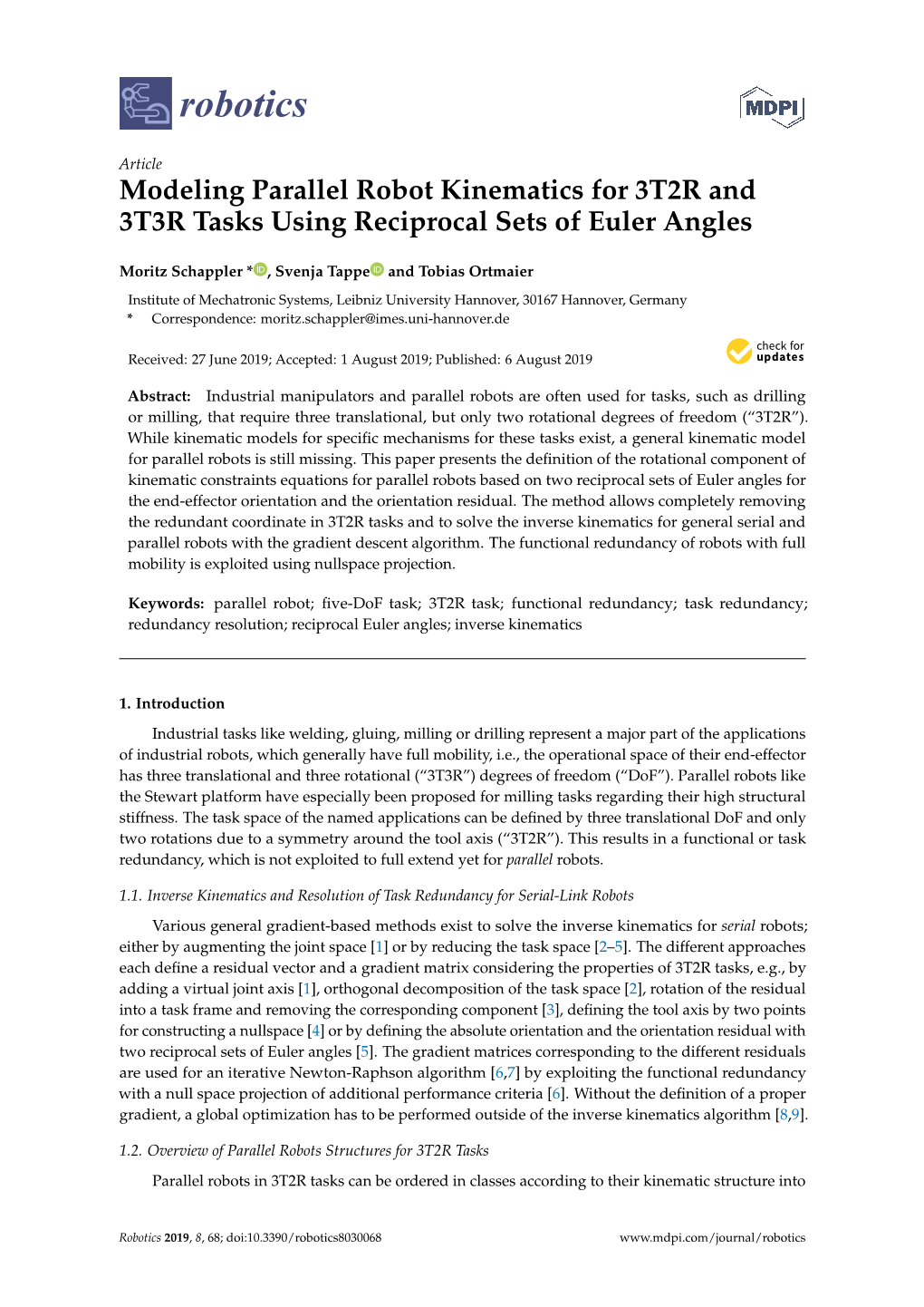 Modeling Parallel Robot Kinematics for 3T2R and 3T3R Tasks Using Reciprocal Sets of Euler Angles