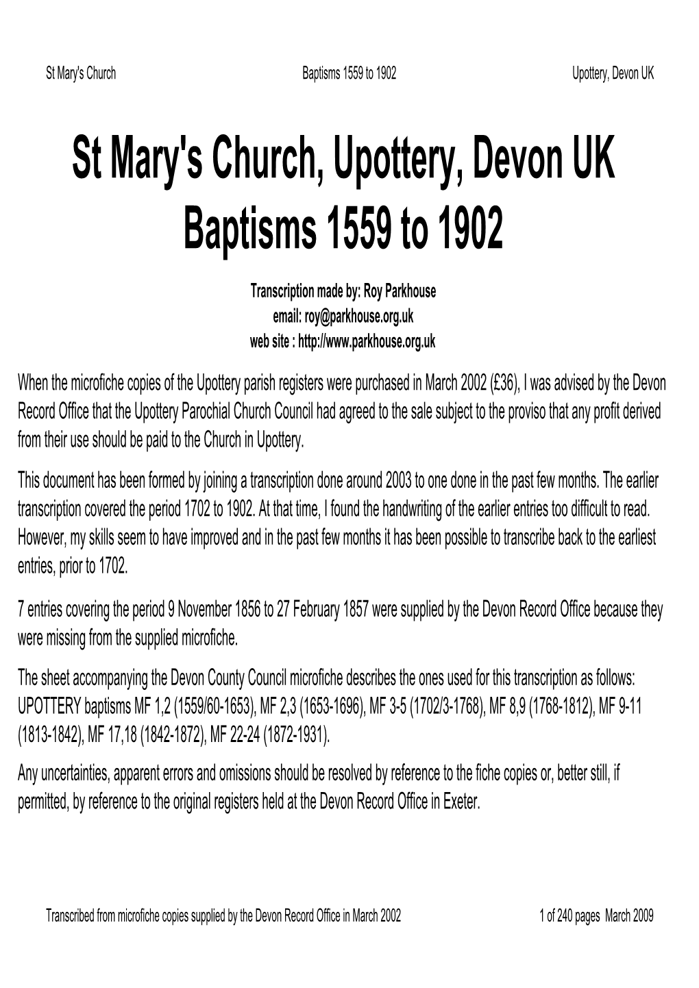 Upottery Baptisms 1559-1902