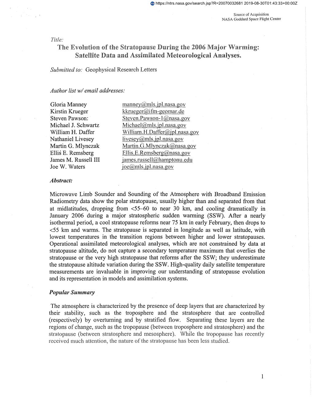 Title: the Evolution of the Stratopause During the 2006 Majar Warmi~G: Satellite Data and Assimilated Meteorologicd Analyses