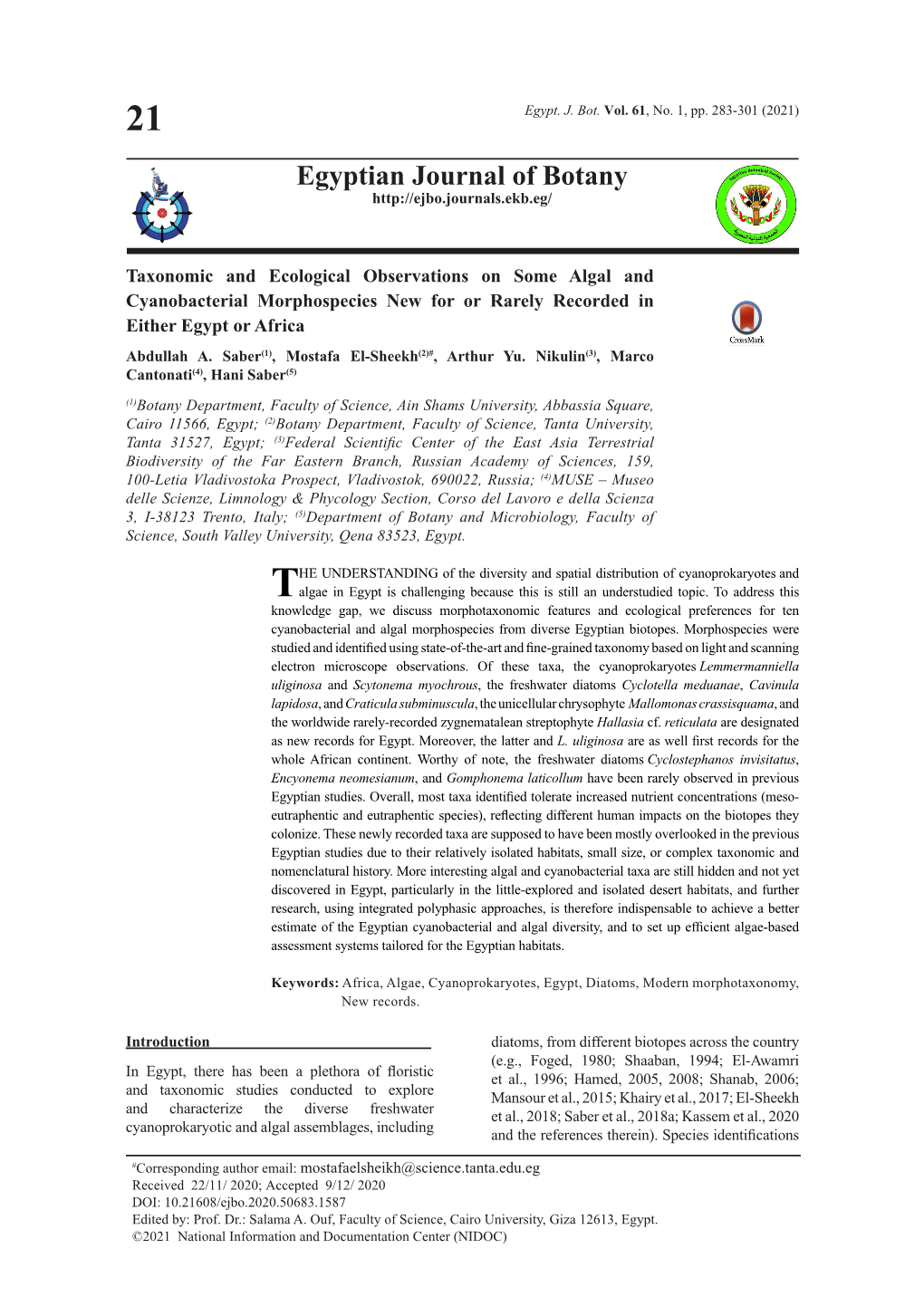 Taxonomic and Ecological Observations on Some Algal and Cyanobacterial Morphospecies New for Or Rarely Recorded in Either Egypt Or Africa Abdullah A