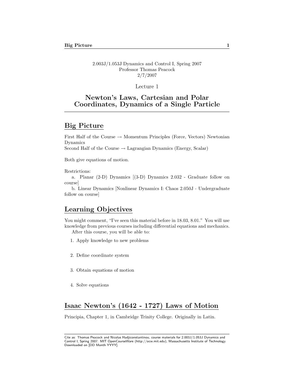 Newton's Laws, Cartesian and Polar Coordinates, Dynamics of a Single