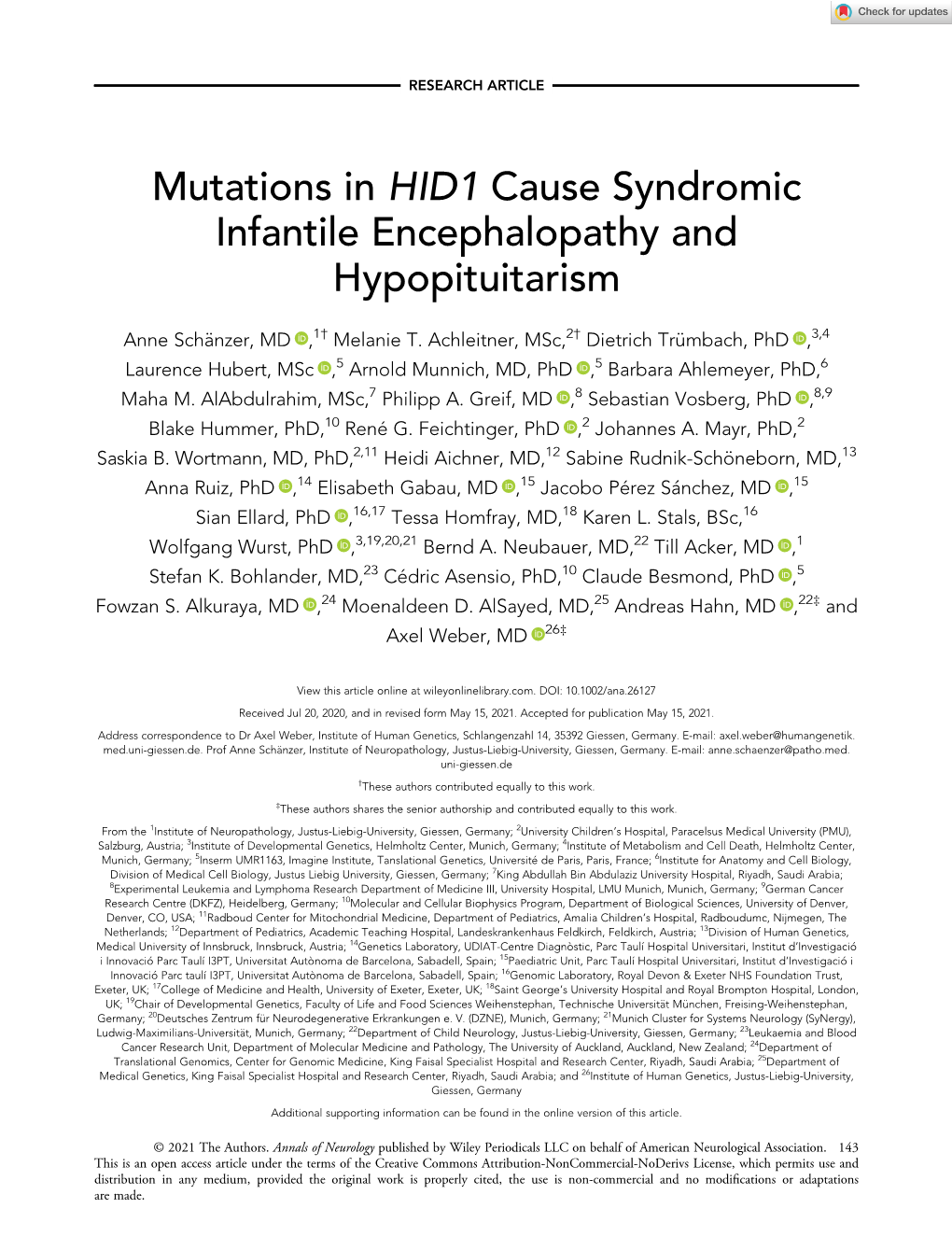 Mutations in HID1 Cause Syndromic Infantile Encephalopathy and Hypopituitarism