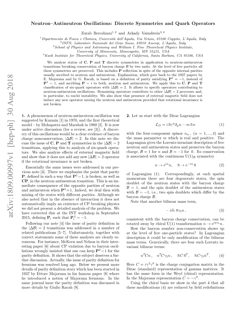 Neutron--Antineutron Oscillations: Discrete Symmetries and Quark