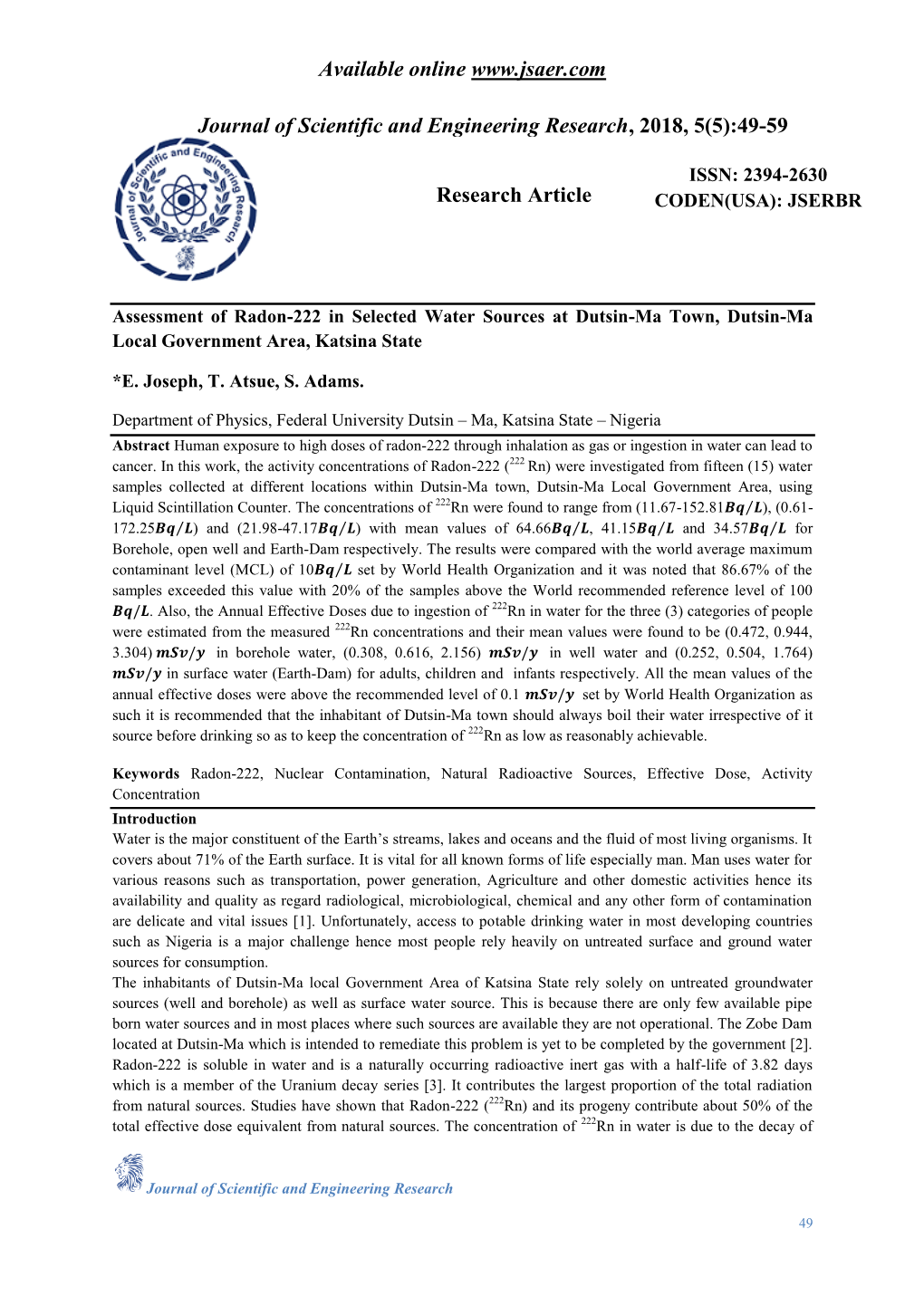 Assessment of Radon-222 in Selected Water Sources at Dutsin-Ma Town, Dutsin-Ma Local Government Area, Katsina State