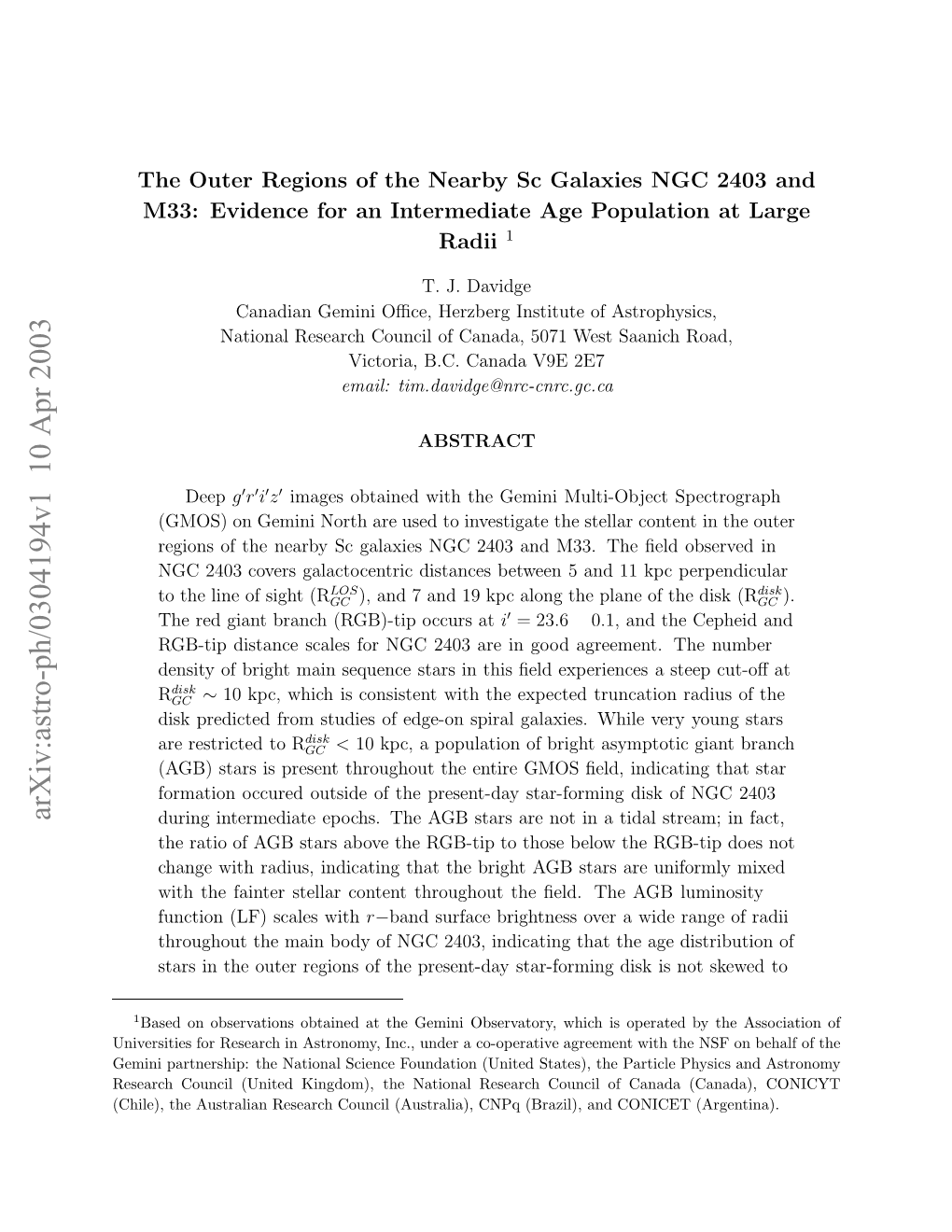 Arxiv:Astro-Ph/0304194V1 10 Apr 2003