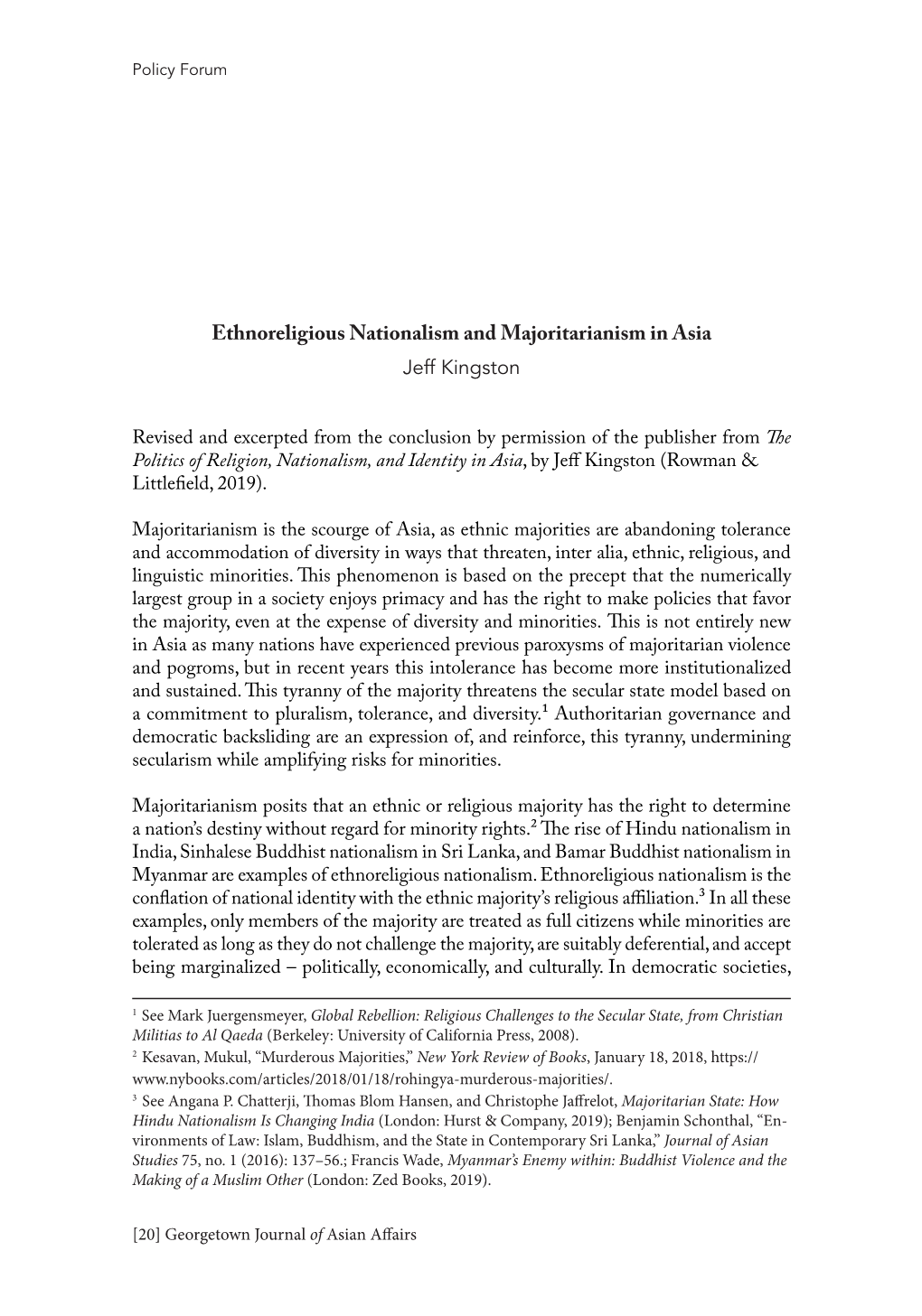 Ethnoreligious Nationalism and Majoritarianism in Asia Jeff Kingston