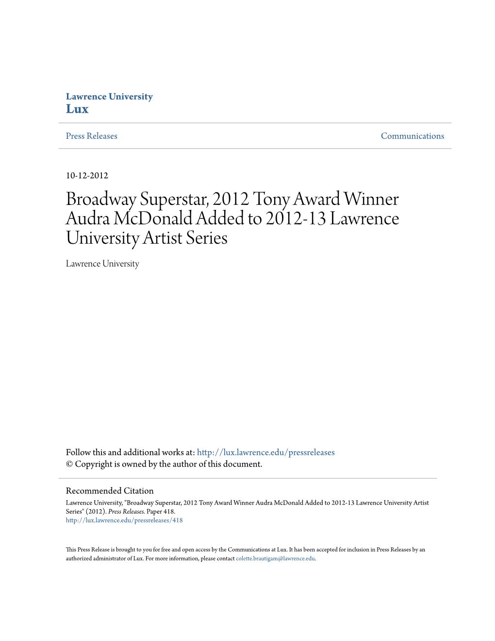 Broadway Superstar, 2012 Tony Award Winner Audra Mcdonald Added to 2012-13 Lawrence University Artist Series Lawrence University