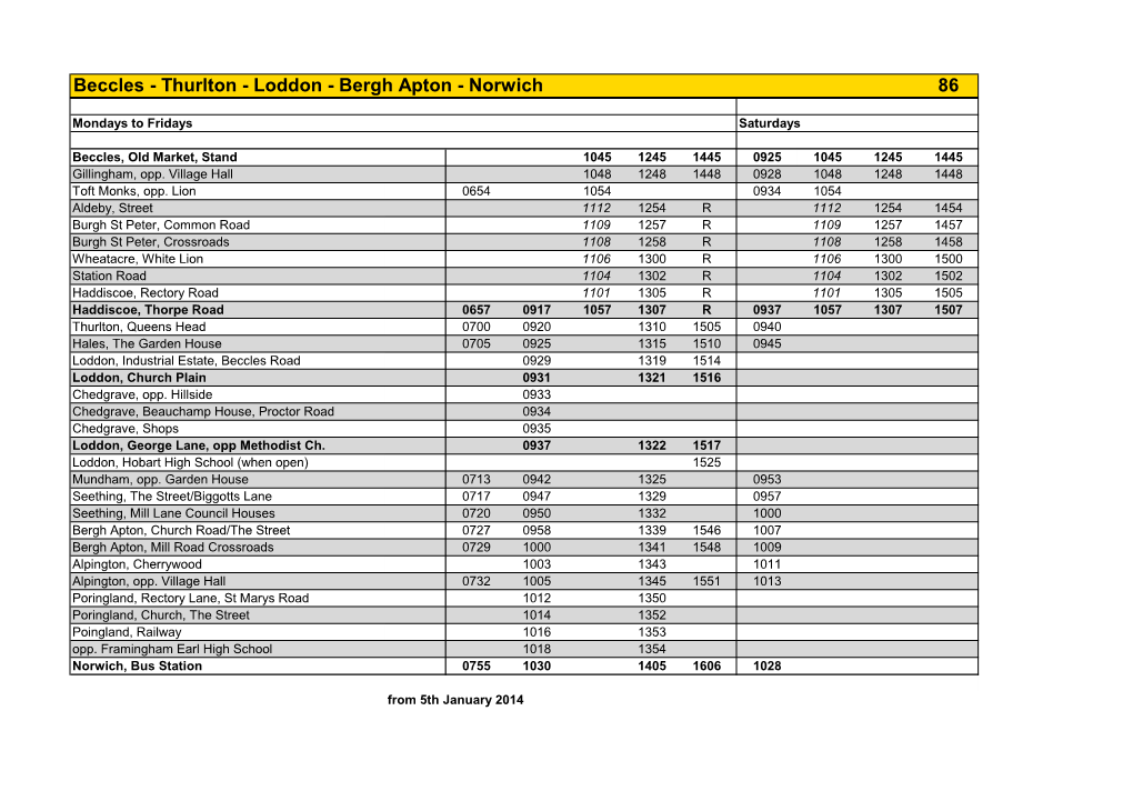 Beccles - Thurlton - Loddon - Bergh Apton - Norwich 86