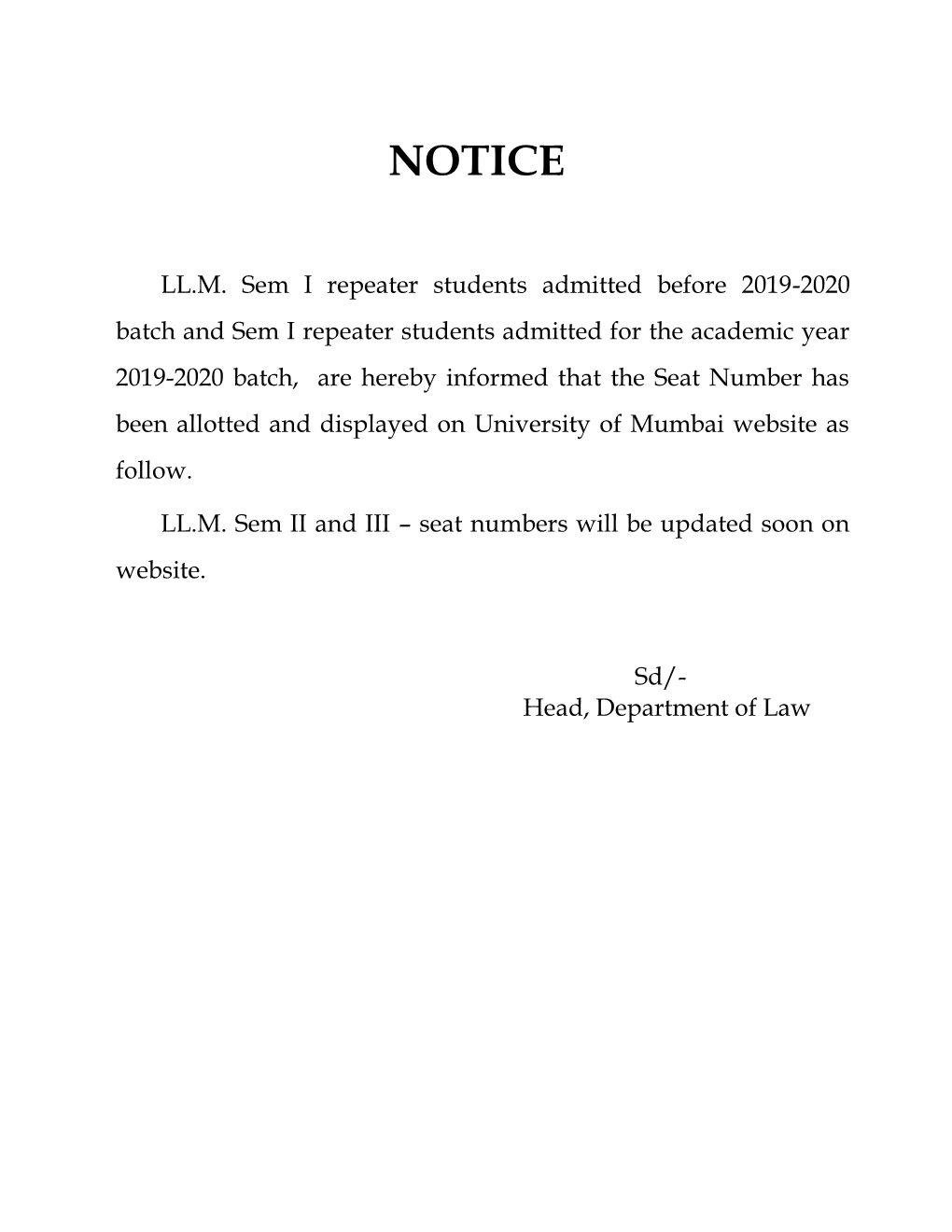 Notice for Sem I with Seat Number