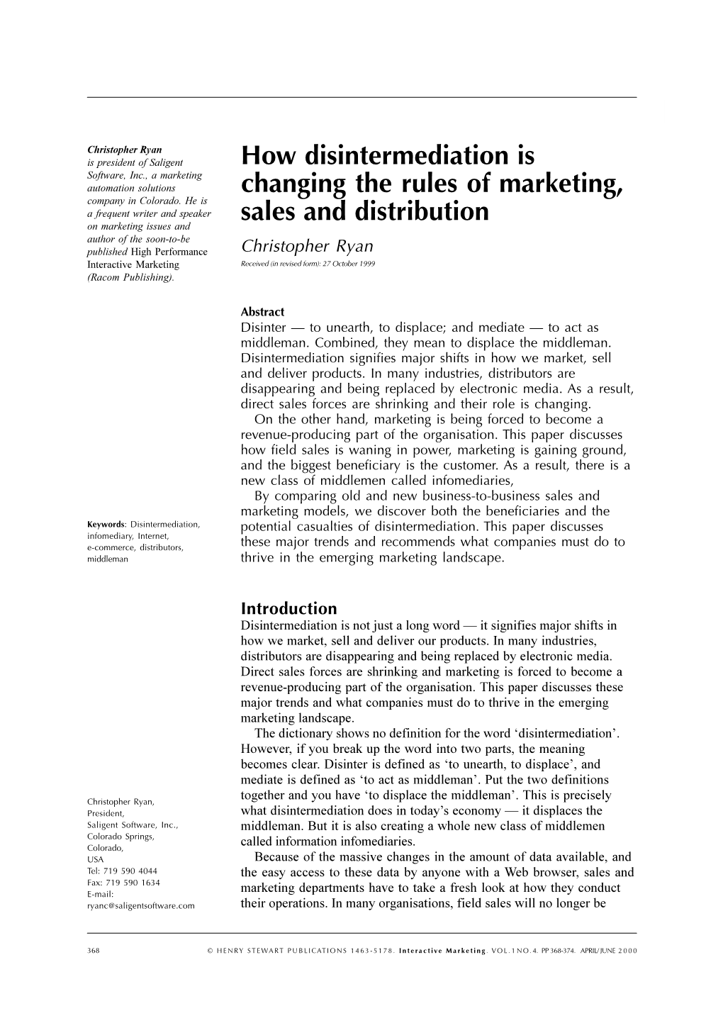 How Disintermediation Is Changing the Rules of Marketing, Sales and Distribution