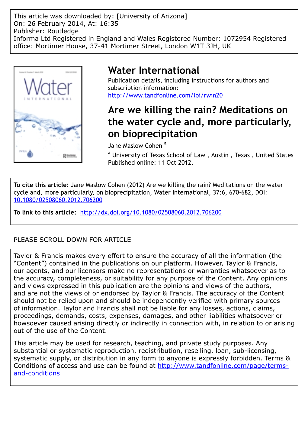Water International Are We Killing the Rain? Meditations on the Water Cycle