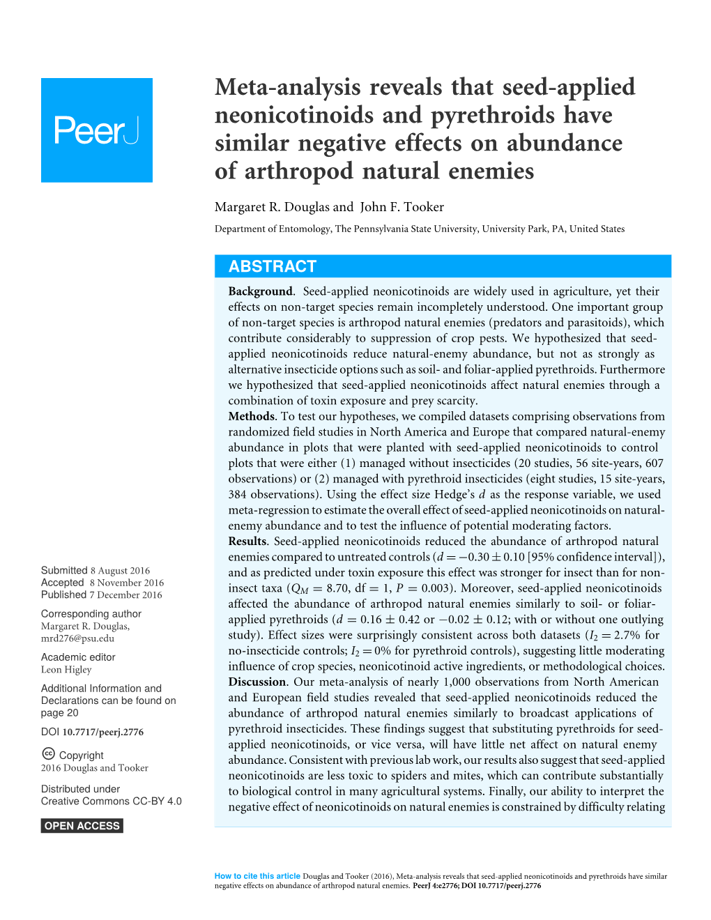 Meta-Analysis Reveals That Seed-Applied Neonicotinoids and Pyrethroids Have Similar Negative Effects on Abundance of Arthropod Natural Enemies