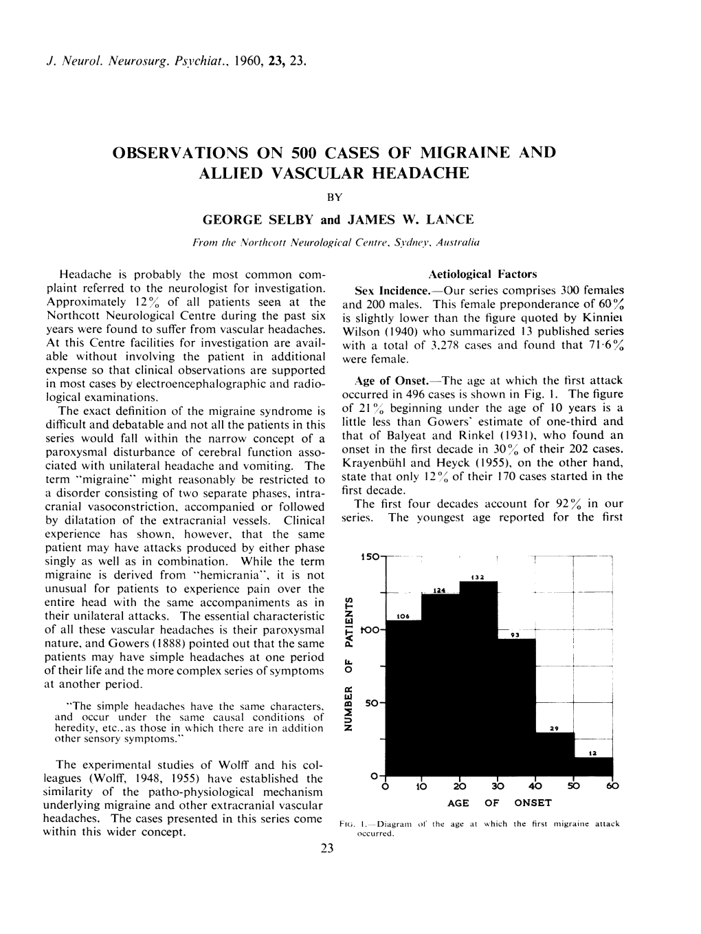 OBSERVATIONS on 500 CASES of MIGRAINE and ALLIED VASCULAR HEADACHE by GEORGE SELBY and JAMES W