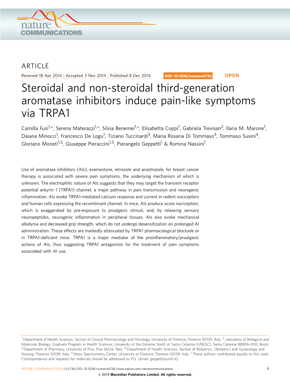 Steroidal and Non-Steroidal Third-Generation Aromatase Inhibitors Induce Pain-Like Symptoms Via TRPA1