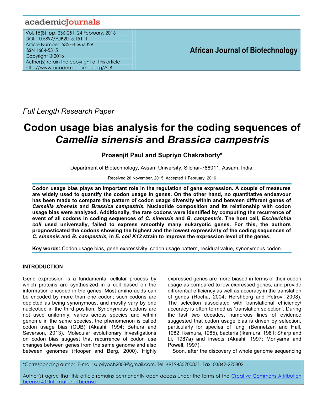 Codon Usage Bias Analysis for the Coding Sequences of Camellia Sinensis and Brassica Campestris