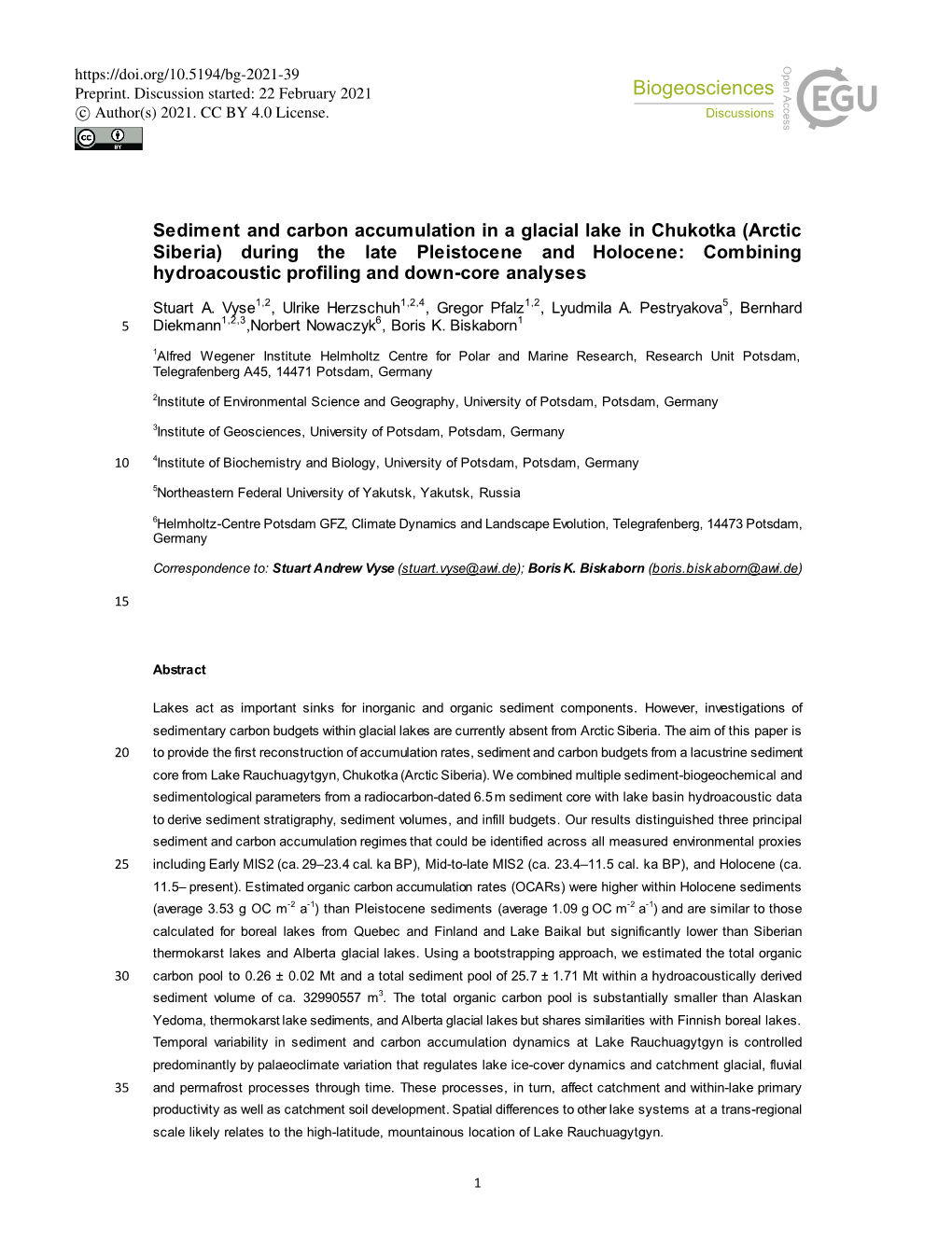 Sediment and Carbon Accumulation in a Glacial Lake in Chukotka (Arctic Siberia) During the Late Pleistocene and Holocene: Combin