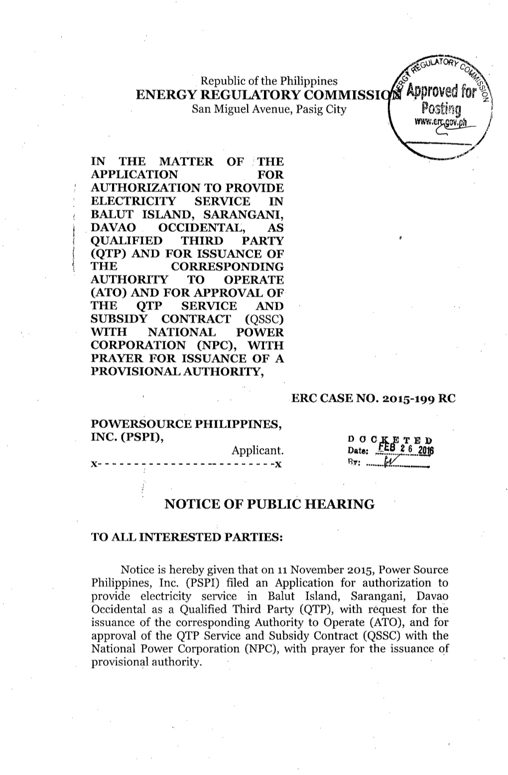 NPH, ERC Case No. 2015-199 RC