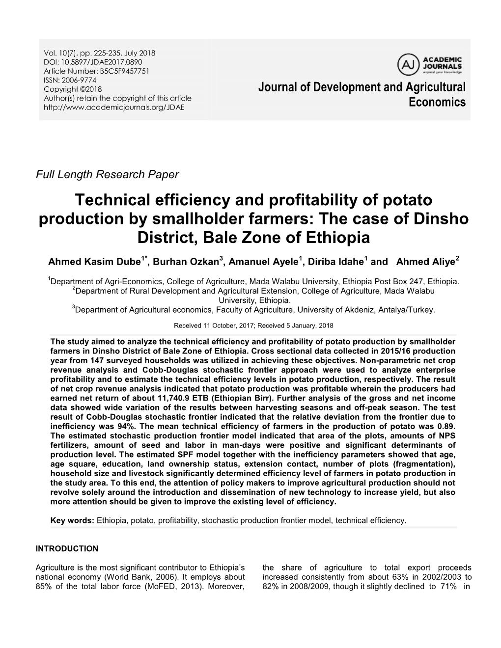 Technical Efficiency and Profitability of Potato Production by Smallholder Farmers: the Case of Dinsho District, Bale Zone of Ethiopia