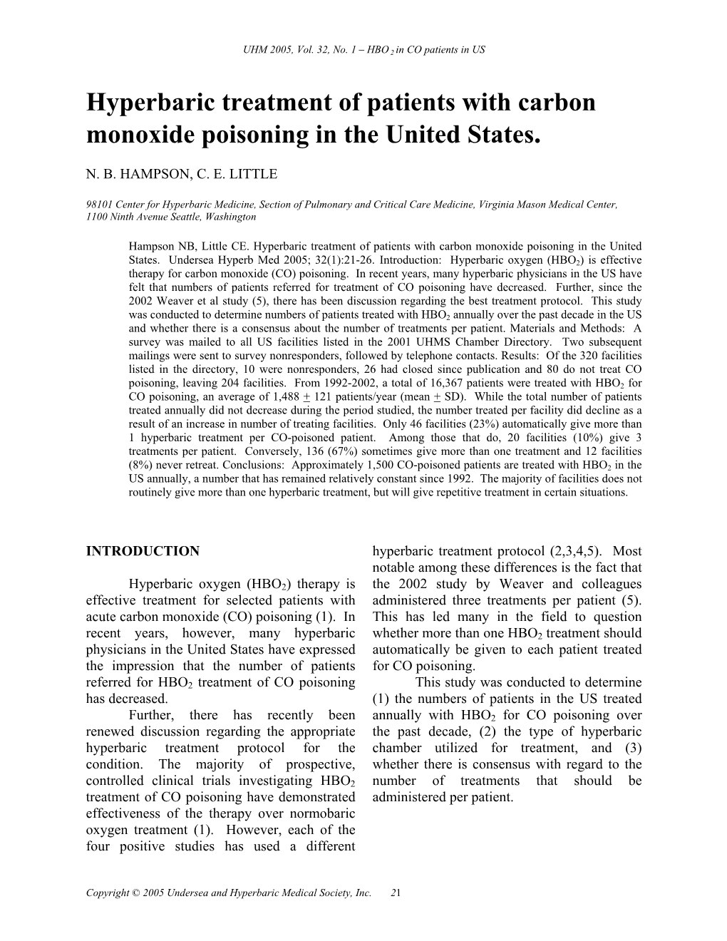 Hyperbaric Treatment of Patients with Carbon Monoxide Poisoning in the United States