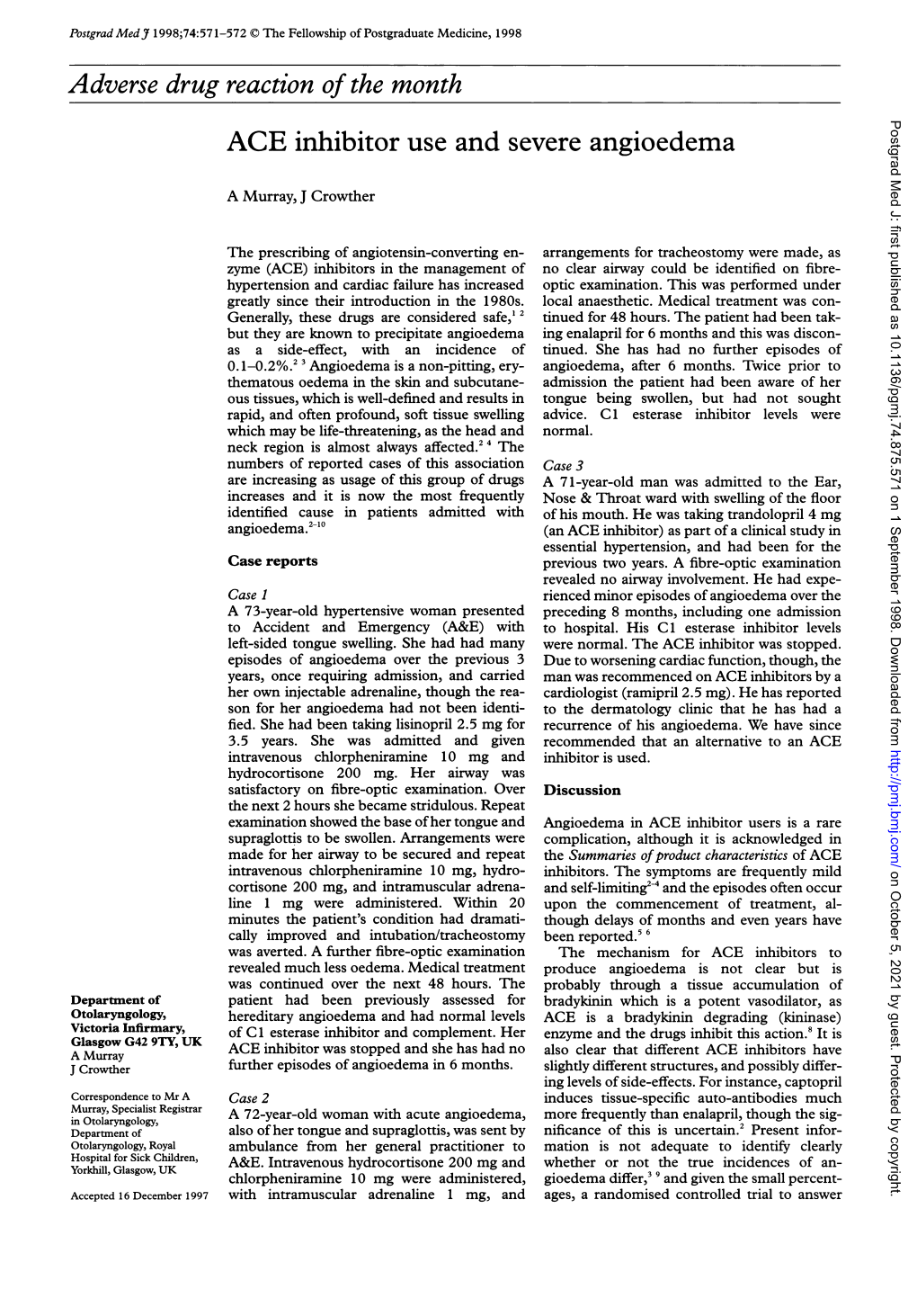 Adverse Drug Reaction of the Month ACE Inhibitor Use and Severe