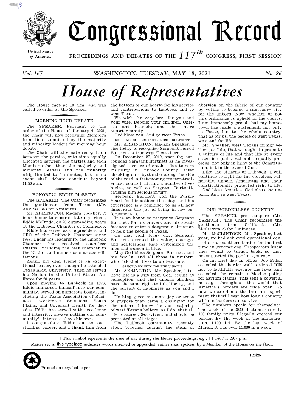 Congressional Record United States Th of America PROCEEDINGS and DEBATES of the 117 CONGRESS, FIRST SESSION