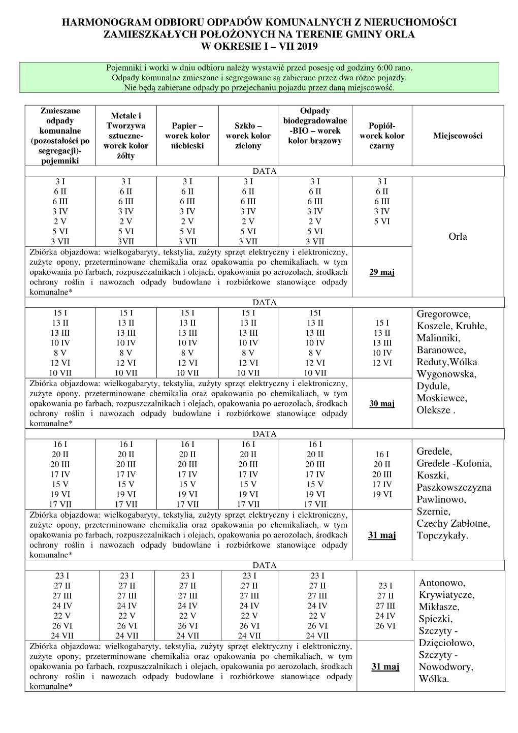 Harmonogram Odbioru Odpadów W Gminie Orla