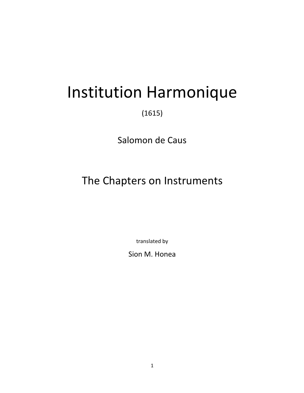 Caus, Salomon De. Institution Harmonique (1615)