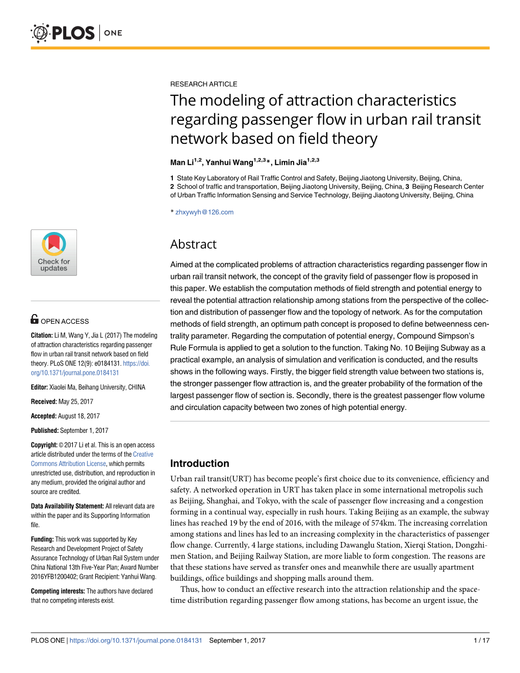 The Modeling of Attraction Characteristics Regarding Passenger Flow in Urban Rail Transit Network Based on Field Theory