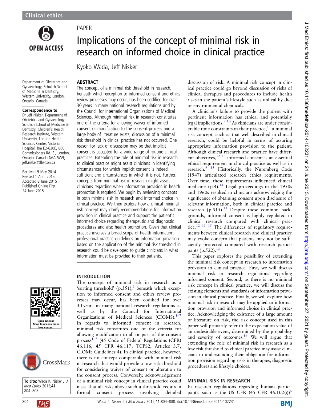 Implications of the Concept of Minimal Risk in Research on Informed Choice in Clinical Practice