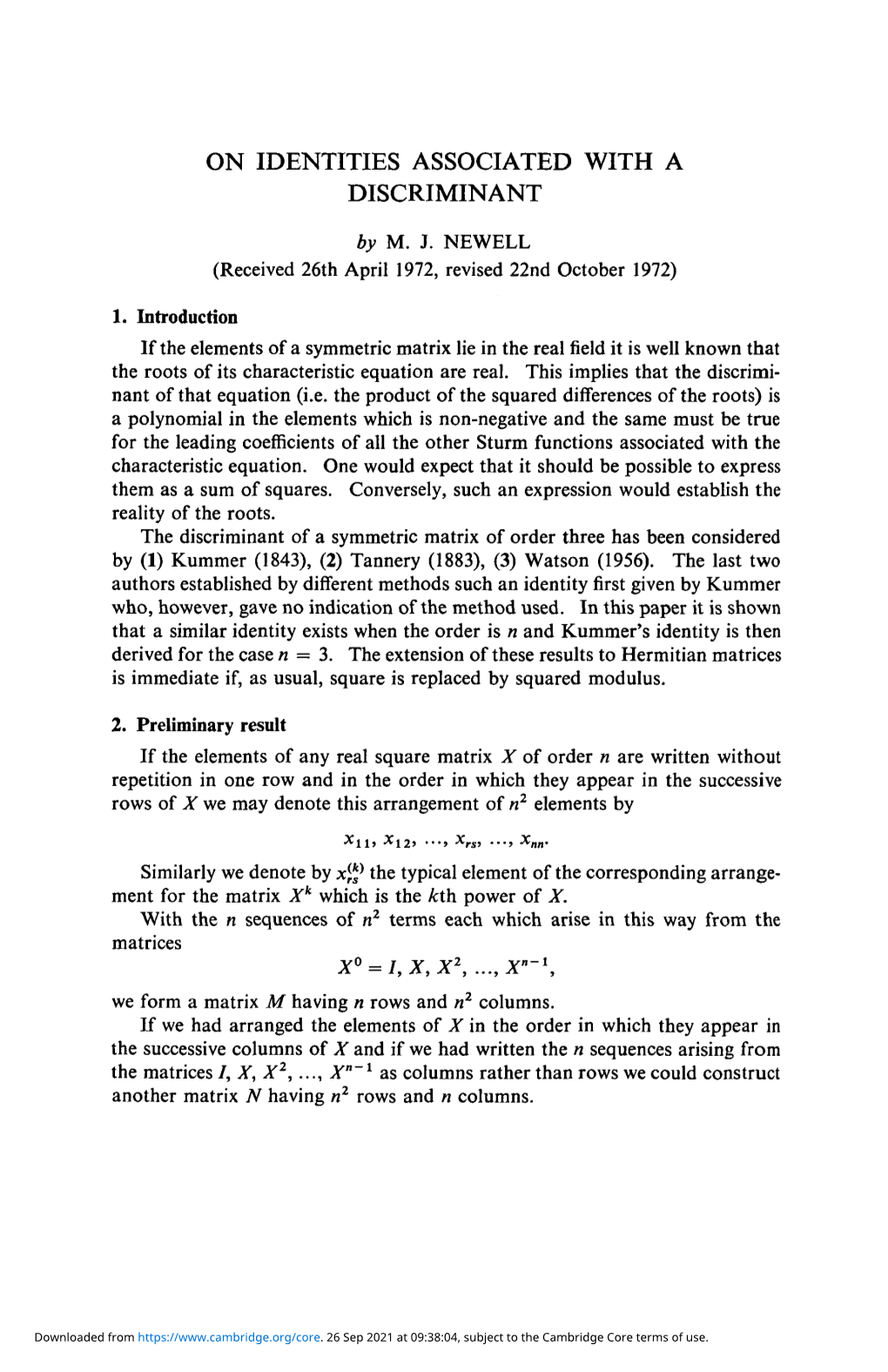 On Identities Associated with a Discriminant