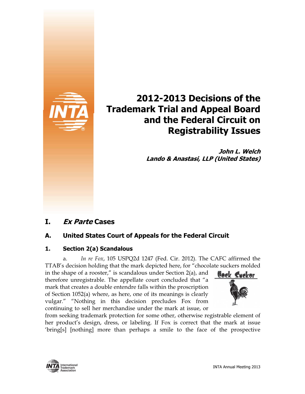 2012-2013 Decisions of the Trademark Trial and Appeal Board and the Federal Circuit on Registrability Issues