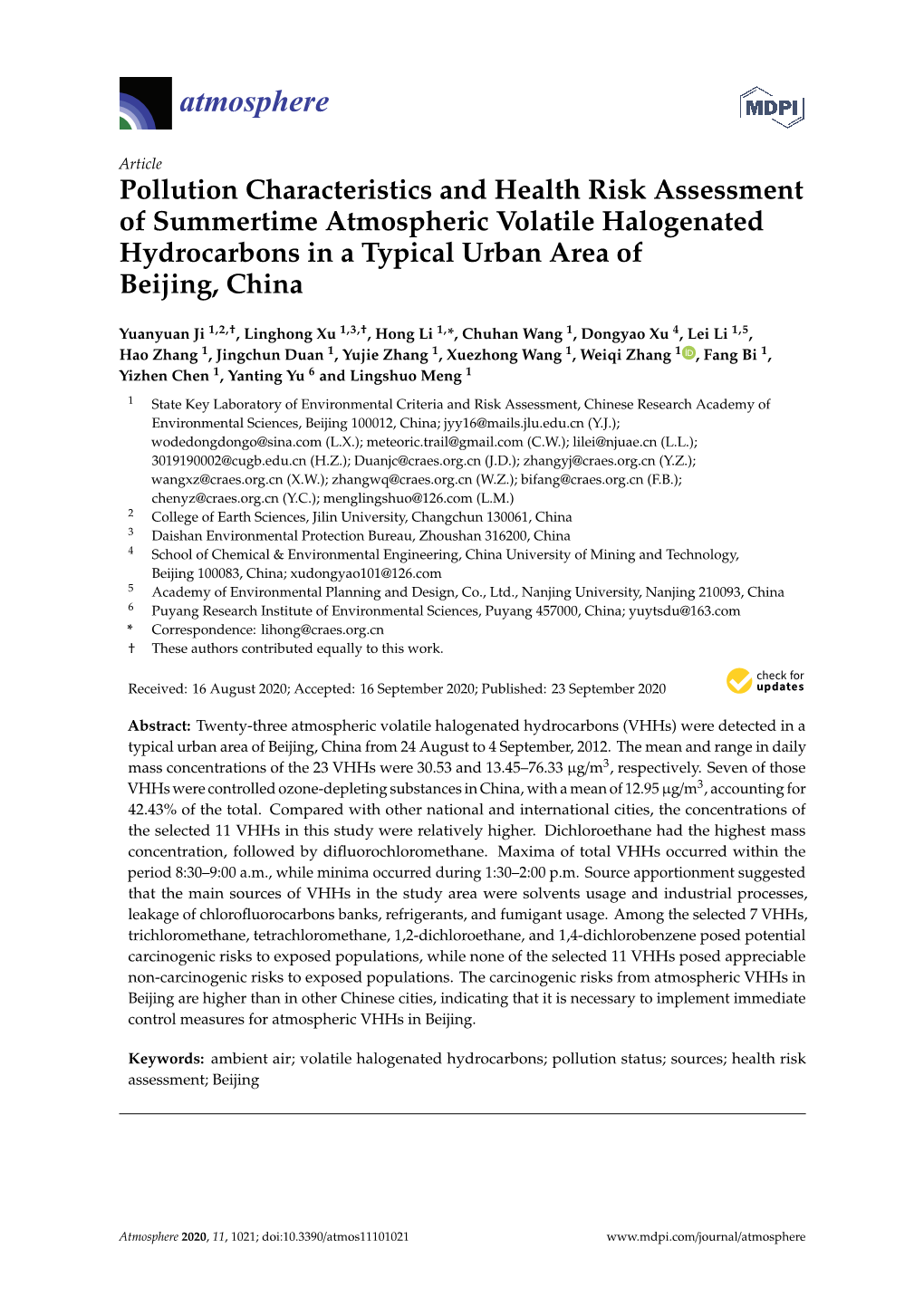 Pollution Characteristics and Health Risk Assessment of Summertime Atmospheric Volatile Halogenated Hydrocarbons in a Typical Urban Area of Beijing, China