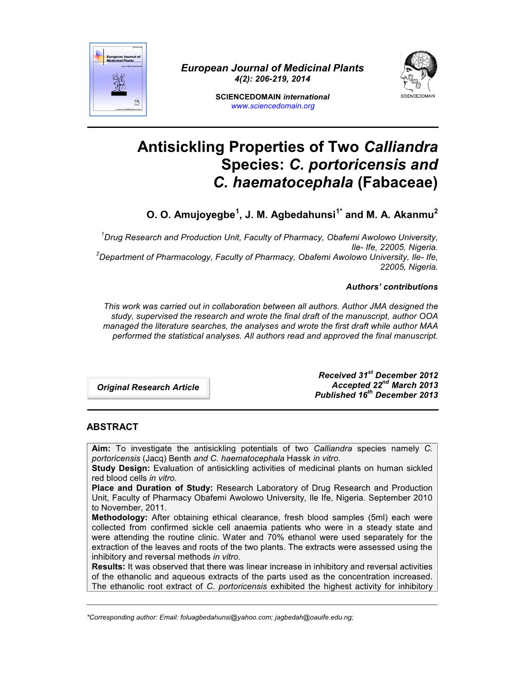 Antisickling Properties of Two Calliandra Species: C