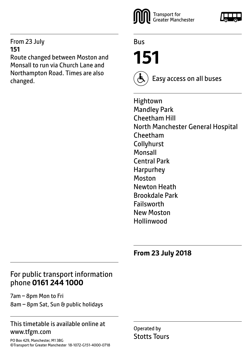 151 Route Changed Between Moston and Monsall to Run Via Church Lane and 151 Northampton Road