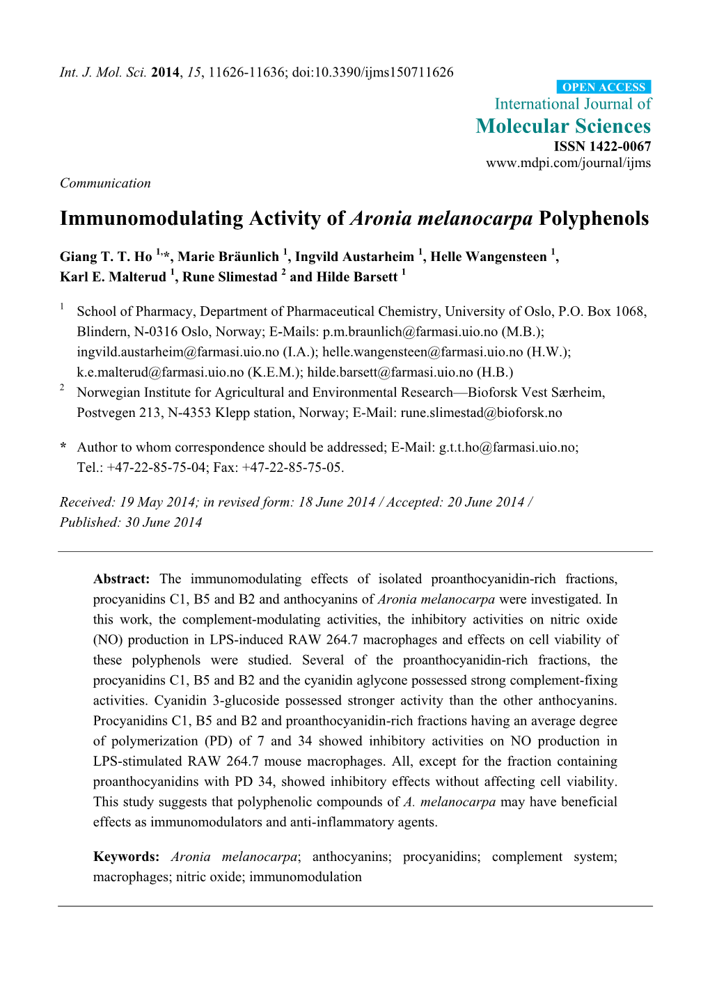 Immunomodulating Activity of Aronia Melanocarpa Polyphenols