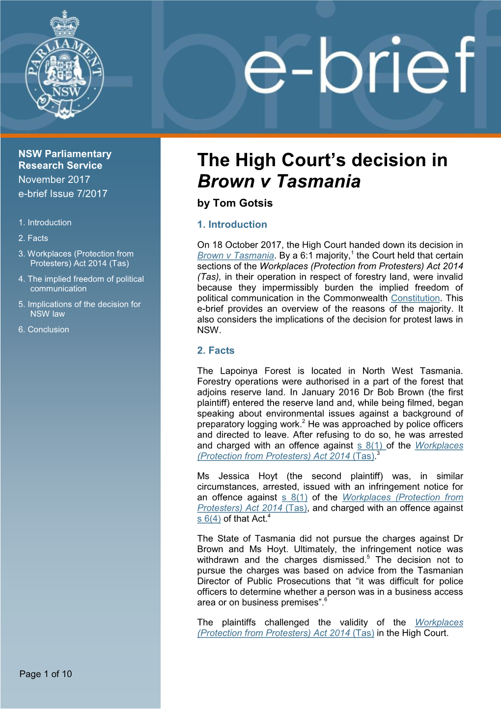 The High Court's Decision in Brown V Tasmania
