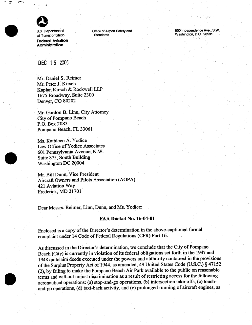Aircraft Owners & Pilots Ass'n Members V. City of Pompano Beach, Fla., No. 16-04-01, Director's Determination (Dec