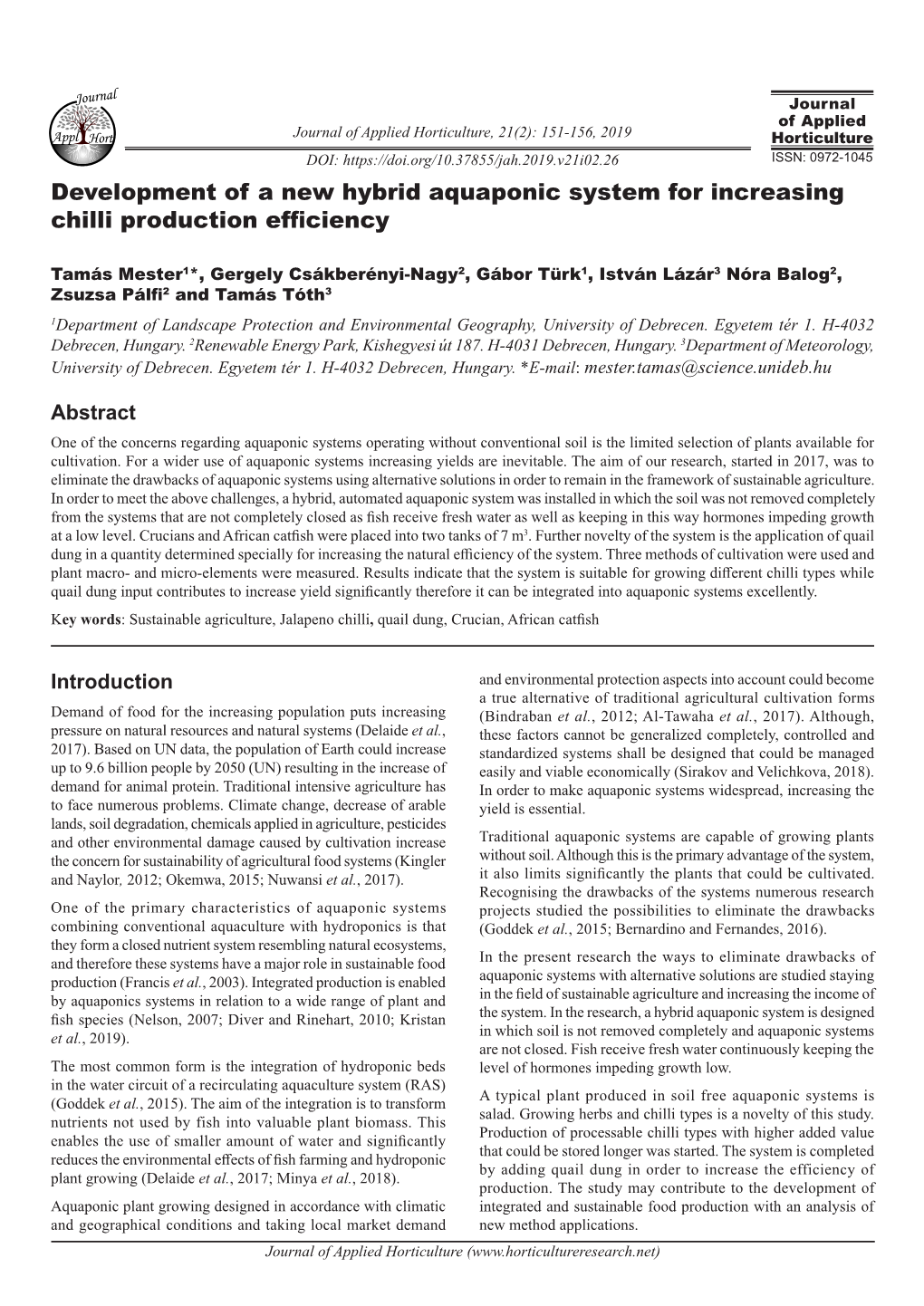 Development of a New Hybrid Aquaponic System for Increasing Chilli Production Efficiency