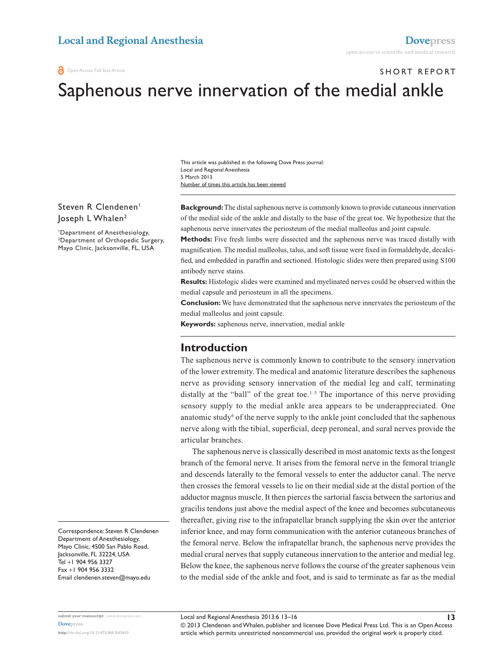 Saphenous Nerve Innervation of the Medial Ankle