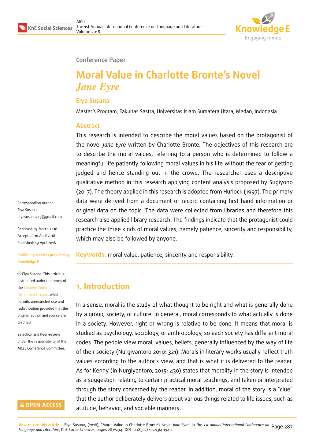 Moral Value in Charlotte Bronte's Novel Jane Eyre