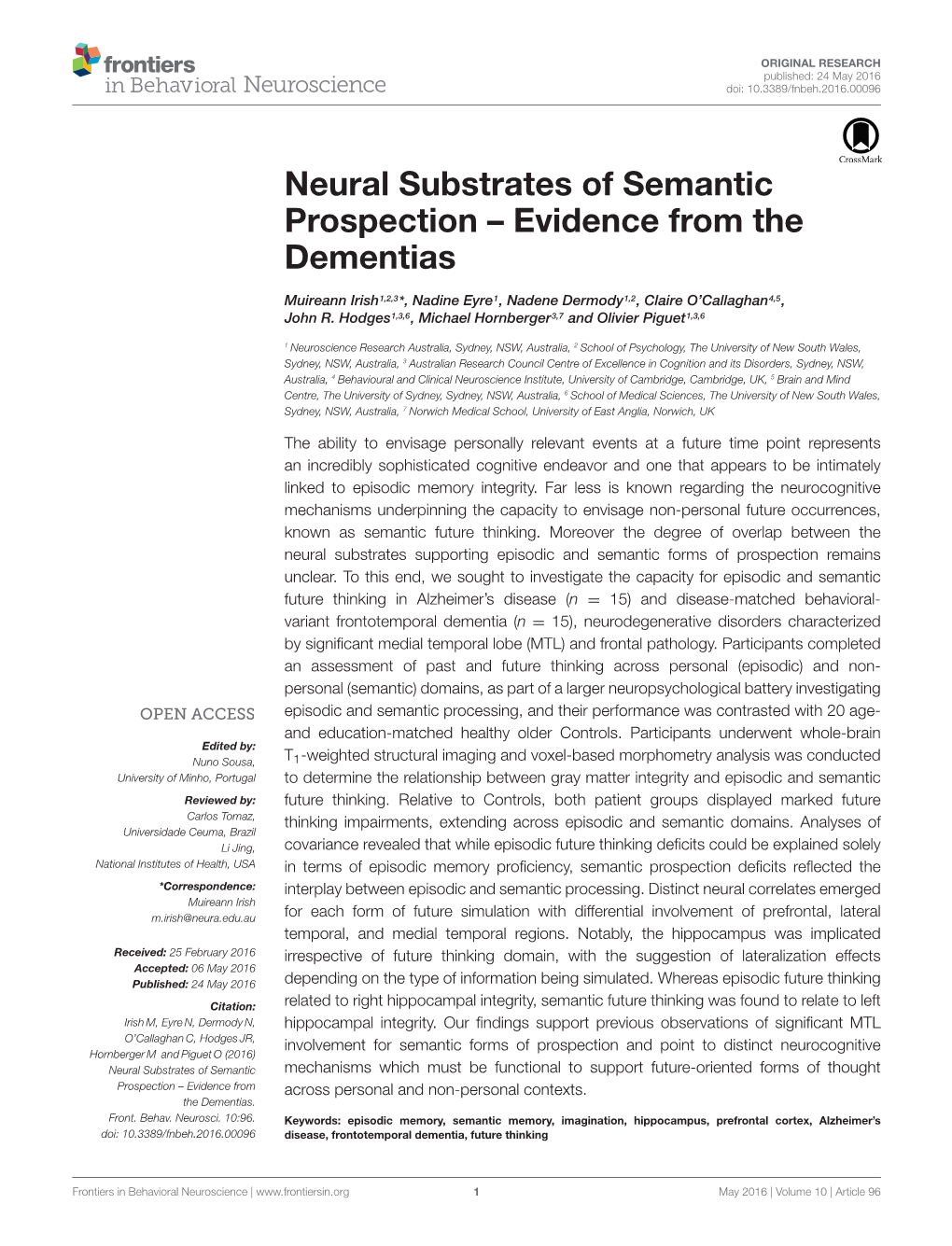 Neural Substrates of Semantic Prospection – Evidence from the Dementias