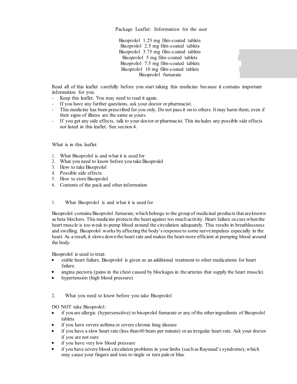 Package Leaflet: Information for the User Bisoprolol 1.25 Mg Film-Coated