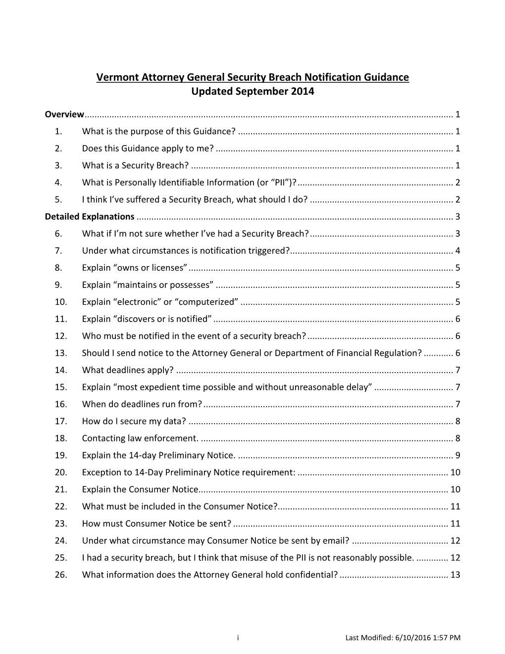 Vermont Attorney General Security Breach Notification Guidance Updated September 2014