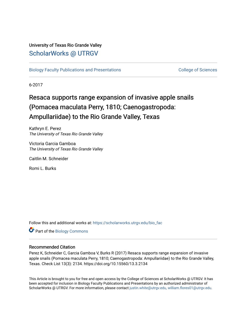 Resaca Supports Range Expansion of Invasive Apple Snails (Pomacea Maculata Perry, 1810; Caenogastropoda: Ampullariidae) to the Rio Grande Valley, Texas