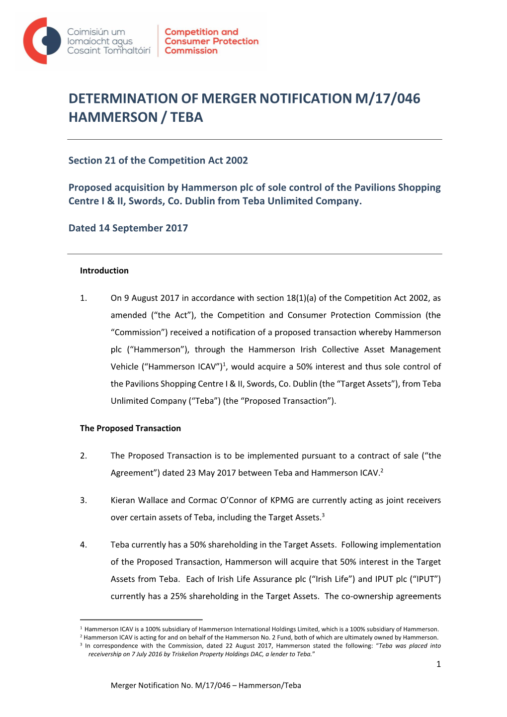 Determination Ofmergernotificationm/17/046 Hammerson/ Teba