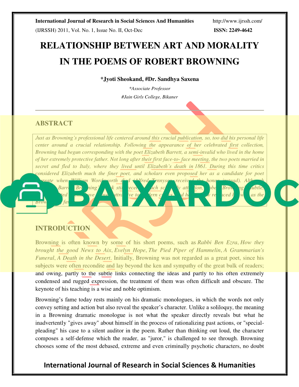 Relationship Between Art and Morality in the Poems of Robert Browning