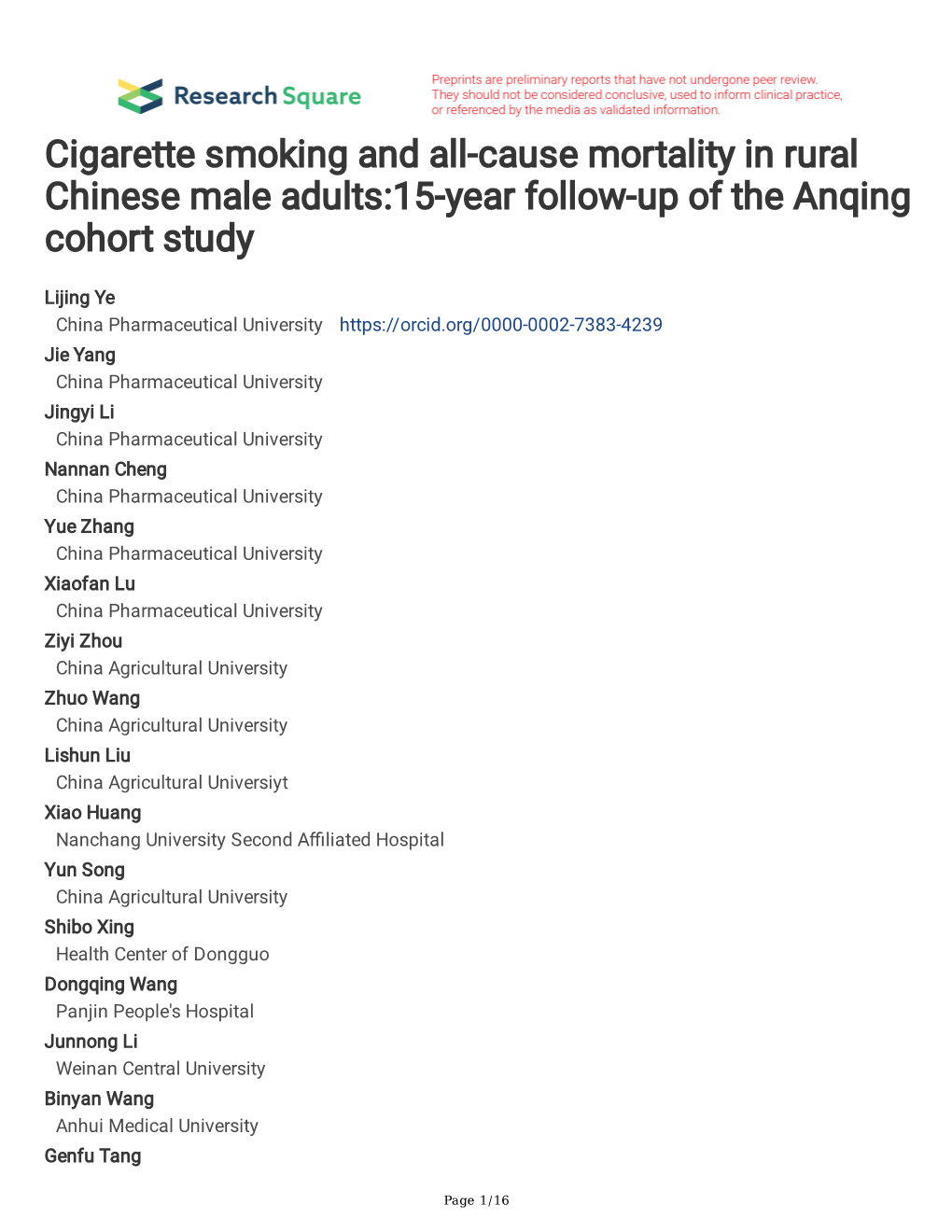 Cigarette Smoking and All-Cause Mortality in Rural Chinese Male Adults:15-Year Follow-Up of the Anqing Cohort Study