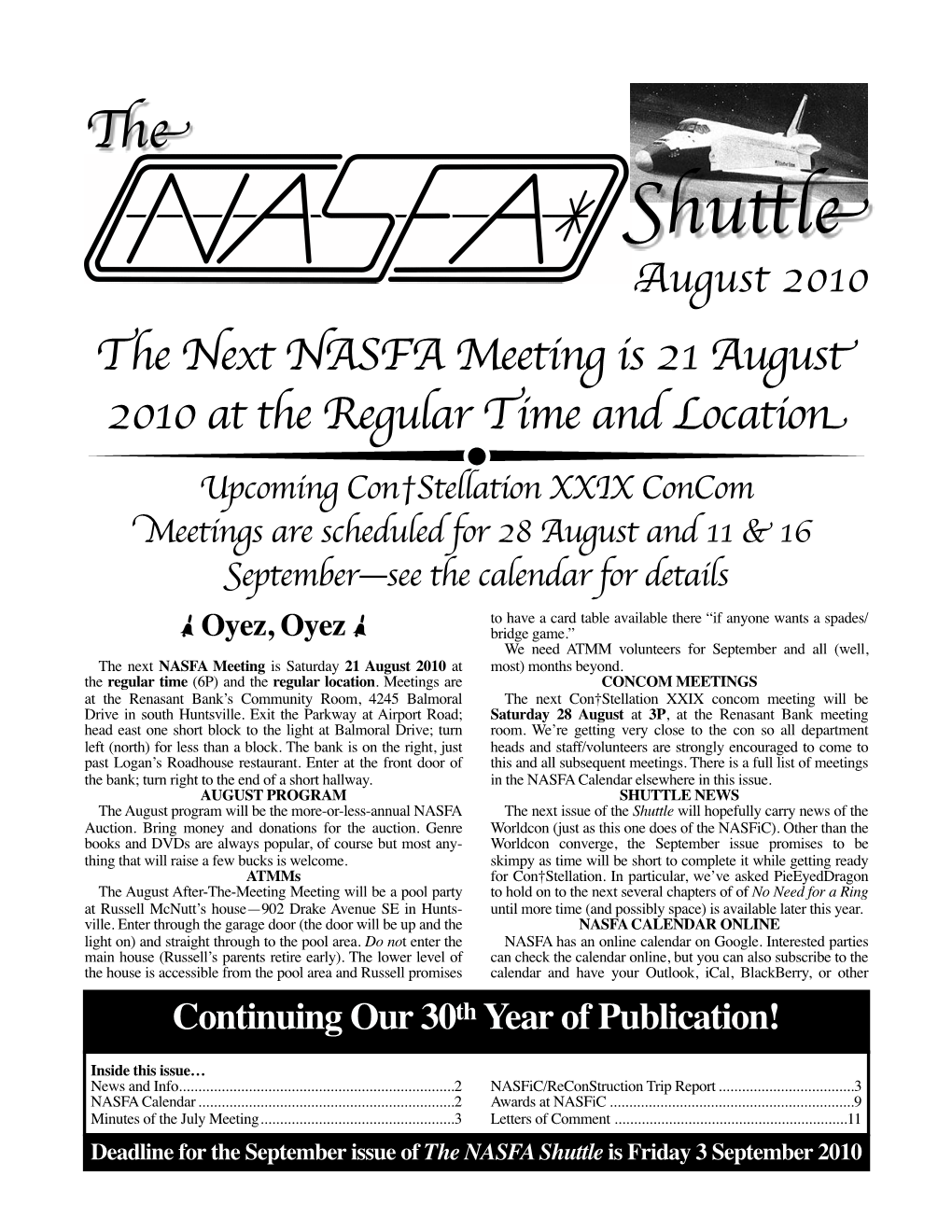 NASFA Calendar Elsewhere in This Issue